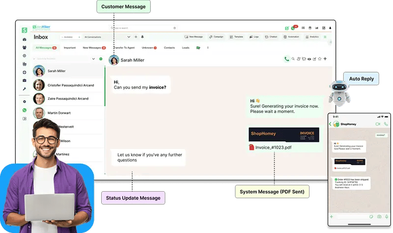 WhatsApp business automation and CRM growth dashboard